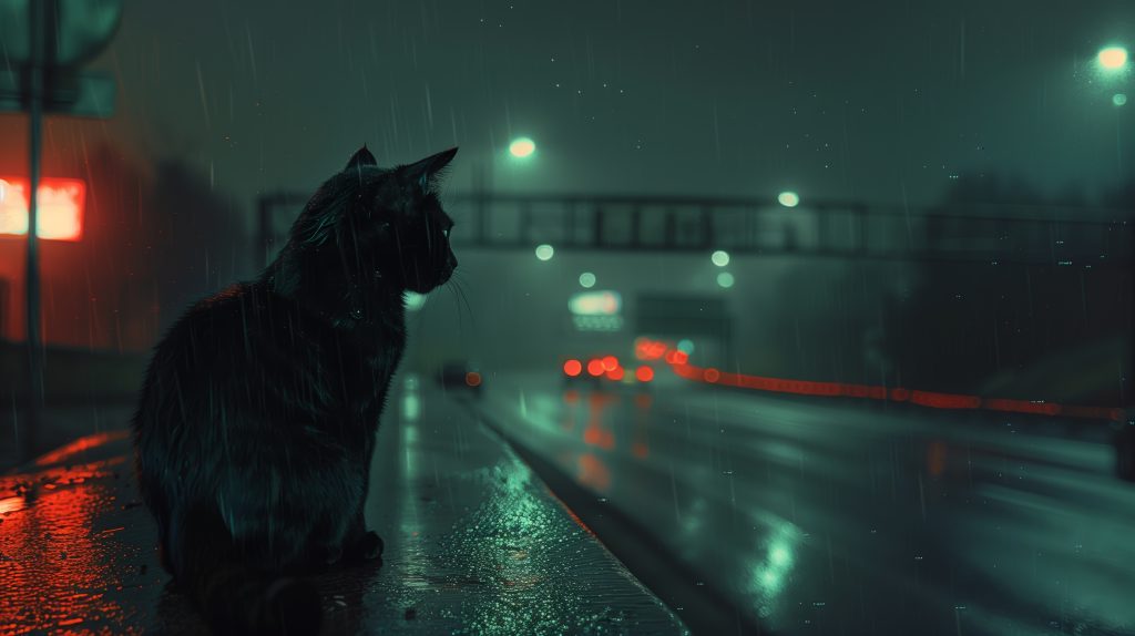 雨夜公路边的黑猫 动物图片-第1张